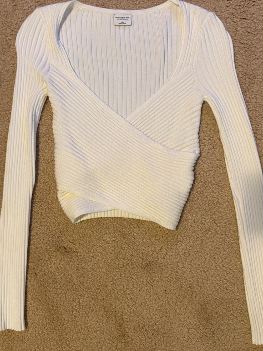 Abercrombie & Fitch White Ribbed Wrap-Front Long-Sleeve Crop Top